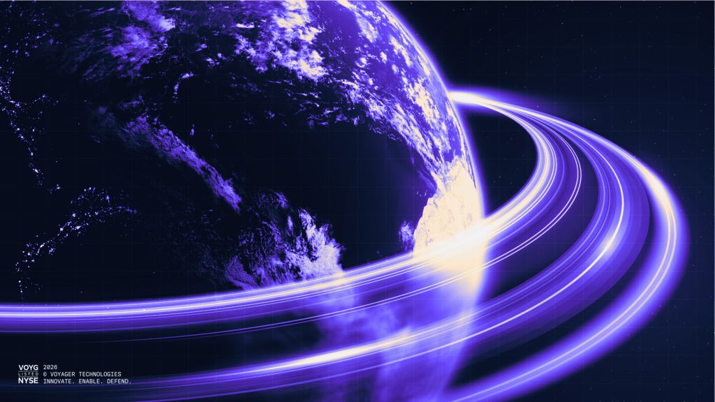 Earth from space with neon purple rings wrapping around; branding at lower-left reads 'Voyager Technologies' and 'Innovate. Enable. Defend.'