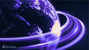 Earth from space with neon purple rings wrapping around; branding at lower-left reads 'Voyager Technologies' and 'Innovate. Enable. Defend.'