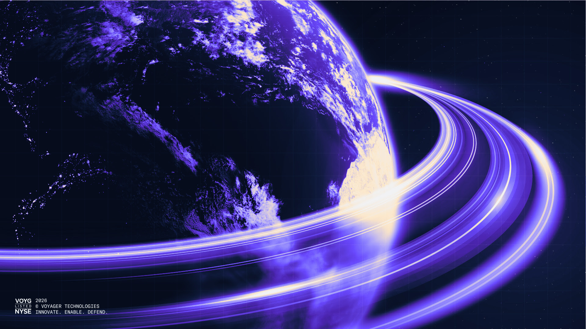 Earth from space with neon purple rings wrapping around; branding at lower-left reads 'Voyager Technologies' and 'Innovate. Enable. Defend.'