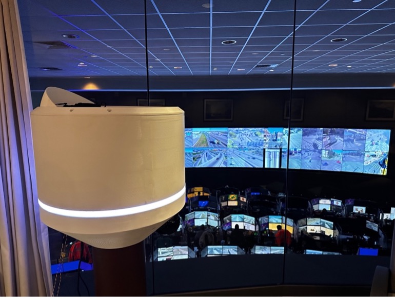 GALE Project's docking node at an emergency operations center provides persistent, real-time communications and video streaming, demonstrating visual AI recognition capabilities over 20 active monitors.